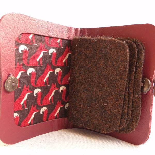 Needle Case in Red Leather - Red Fox Fabric Interior - Needle Book