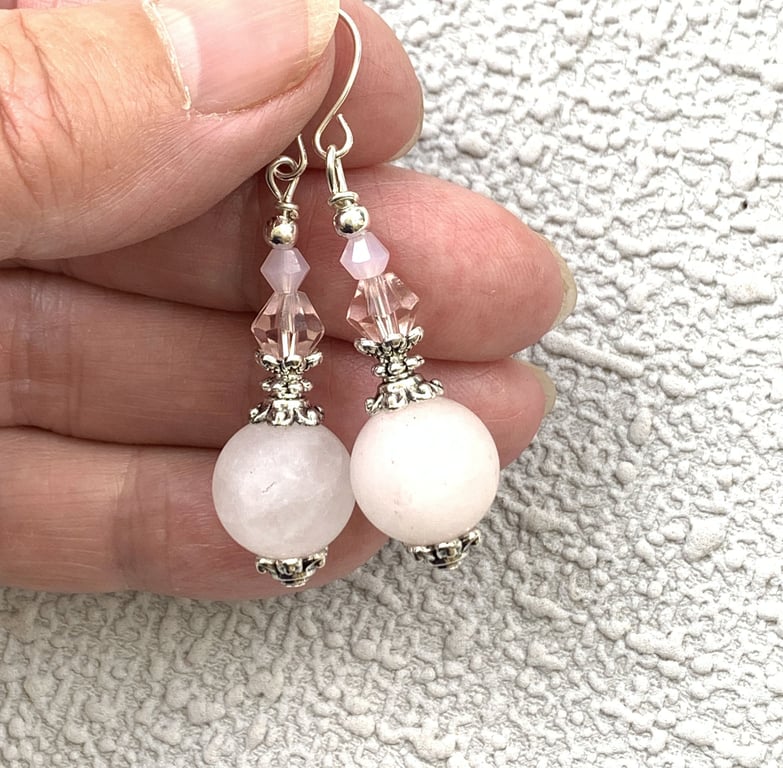 Rose Quartz Gemstone and Silver Vintage Style Drop Earrings
