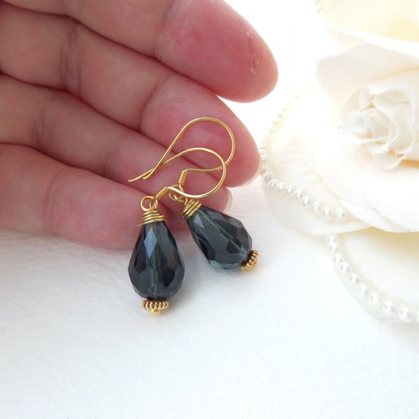 Ink Blue Gold Vermeil Earrings, Big Pear drop Glass Dangle Earrings