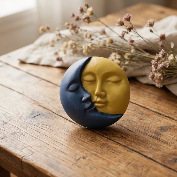 Handmade Celestial Sun & Moon Paperweight Plaster Desk Decor