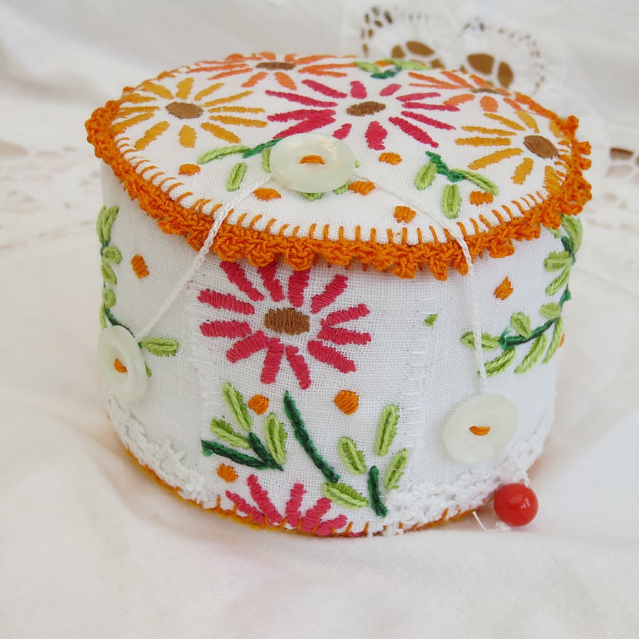 SALE Trinket Box - recycled linen, crochet and felt