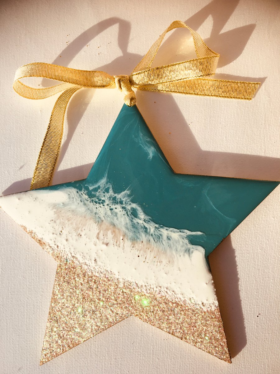 Christmas decoration, ornament, abstract, coastal, star, turquoise, pearlescent 