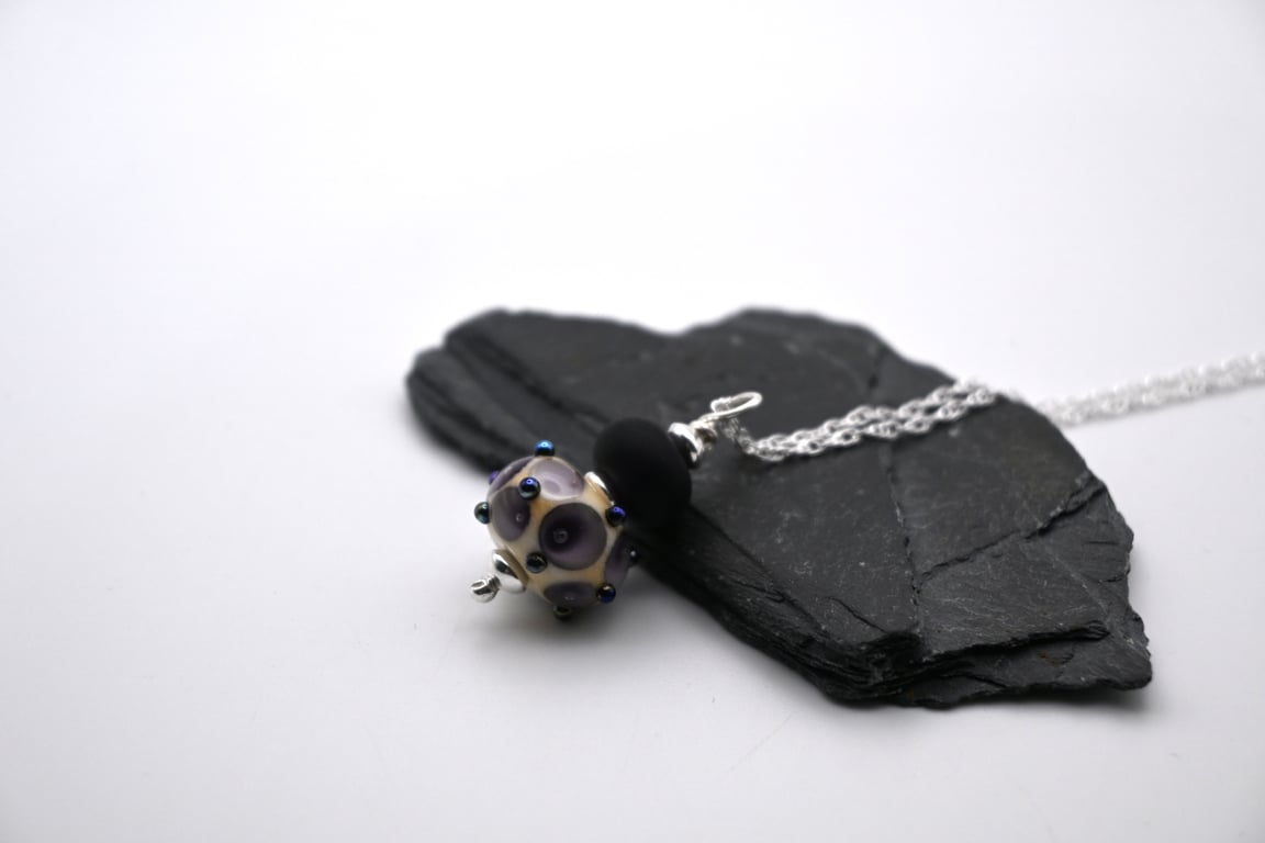 lampwork glass purple pendant, sterling silver chain