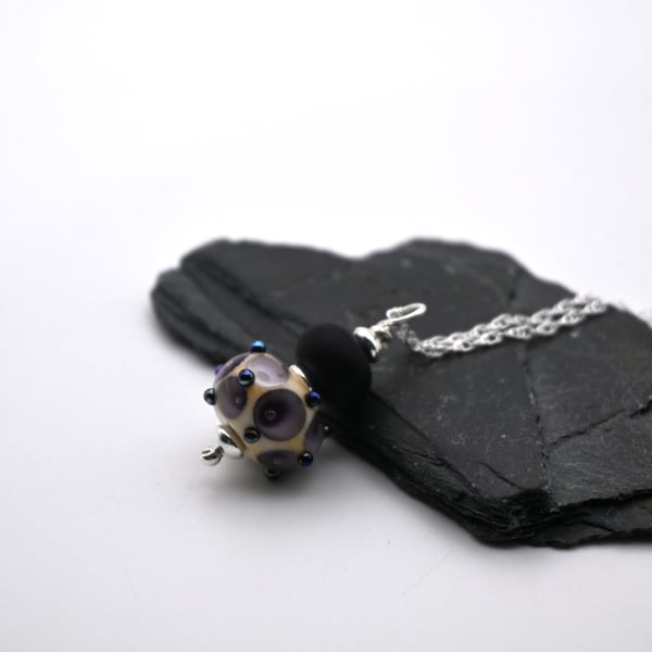 lampwork glass purple pendant, sterling silver chain