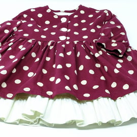 Baby Dress & Underskirt in Burgundy Cotton Jersey with Cream Spots 6 - 12 months