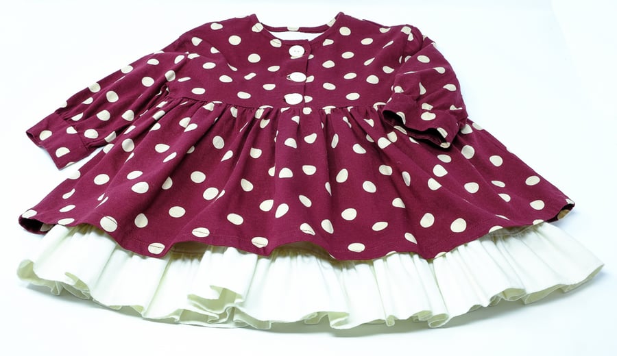 Baby Dress & Underskirt in Burgundy Cotton Jersey with Cream Spots 6 - 12 months