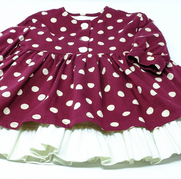 Baby Dress & Underskirt in Burgundy Cotton Jersey with Cream Spots 6 - 12 months