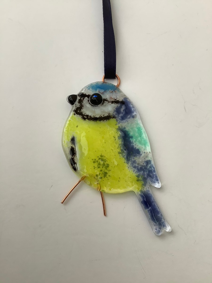 Blue tit in fused glass