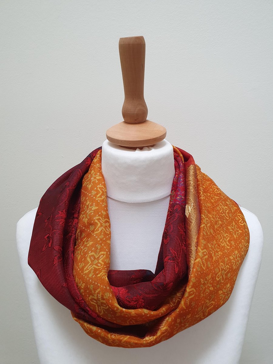 Sari silk double sided infinity scarf. Shades of burnt orange, dark red, bright 