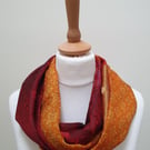 Sari silk double sided infinity scarf. Shades of burnt orange, dark red, bright 