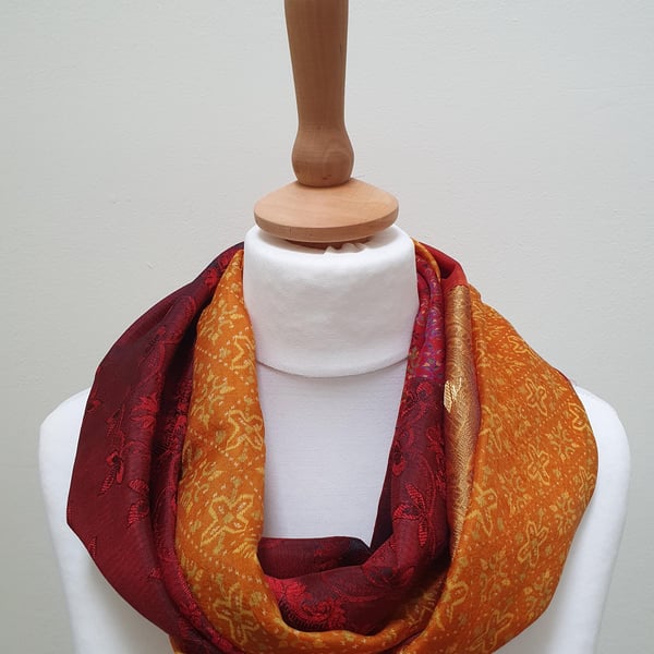 Sari silk double sided infinity scarf. Shades of burnt orange, dark red, bright 