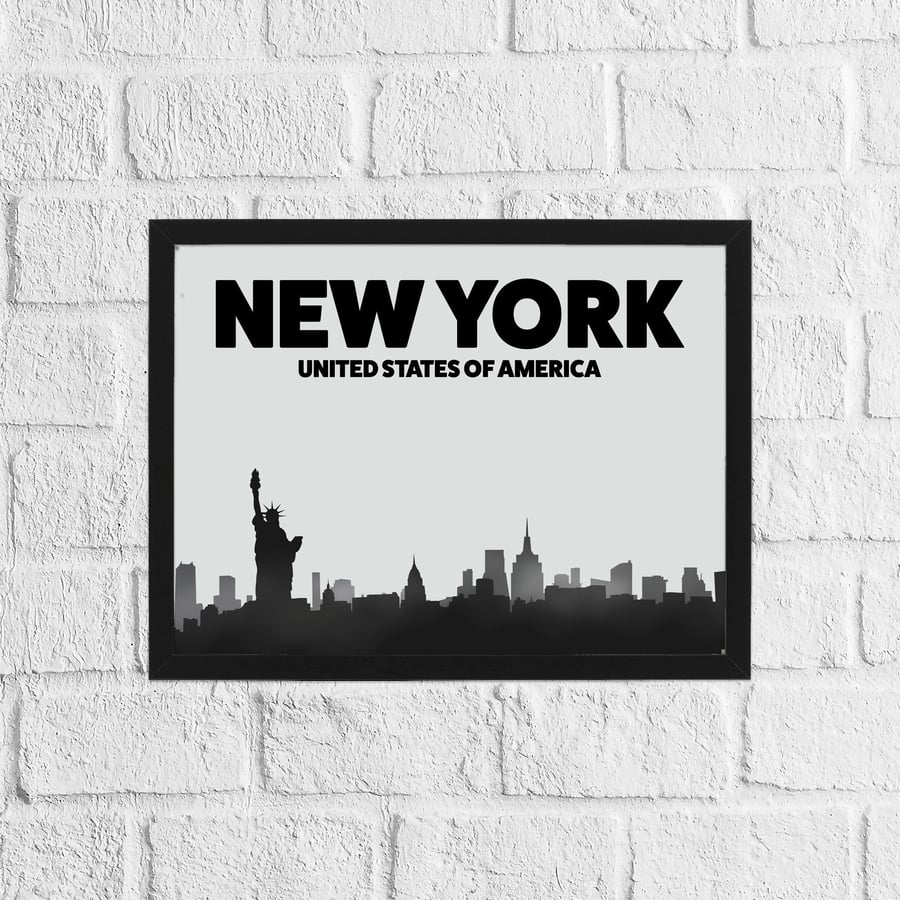 Skyline silhouette of New York, United States USA, grey and black print