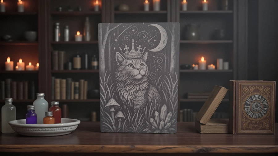 Mystical Cat Etched Slate Board – Moon & Crystal Forest Design