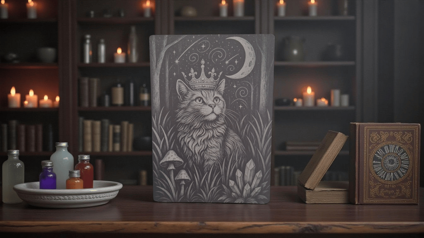 Mystical Cat Etched Slate Board – Moon & Crystal Forest Design