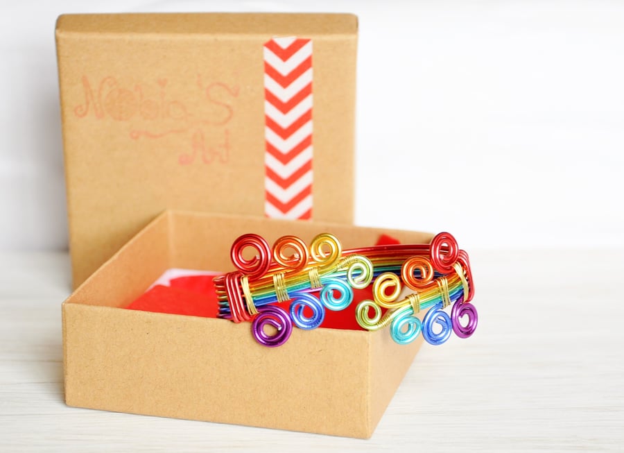 Rainbow bracelet, Arm cuff, Wire wrap bracelet, Gay pride, LBGT, Adjustable