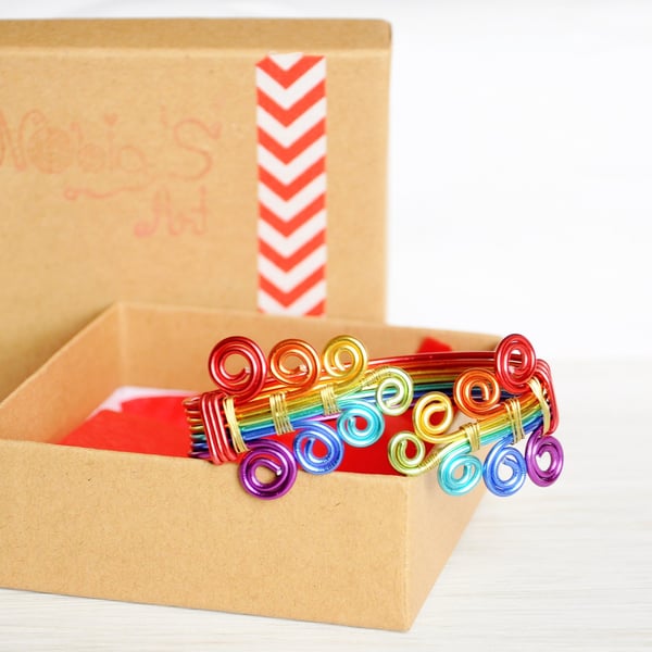 Rainbow bracelet, Arm cuff, Wire wrap bracelet, Gay pride, LBGT, Adjustable