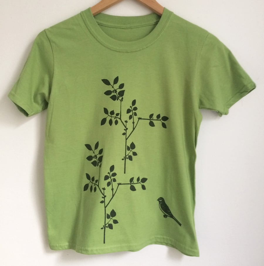 kids printed light greenT Shirt  plant and bird print