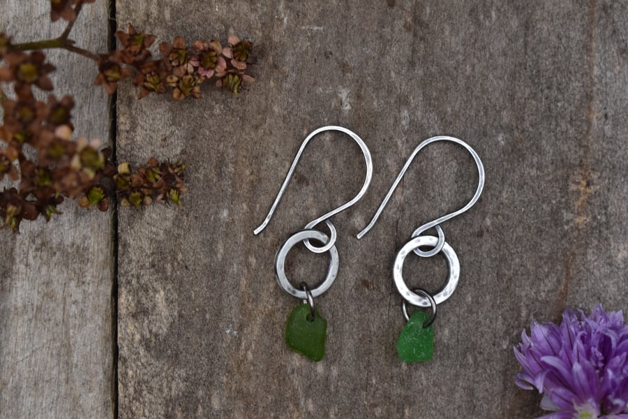 Scottish Sea Glass and Recycled Sterling Silver Earrings, Shades of Green