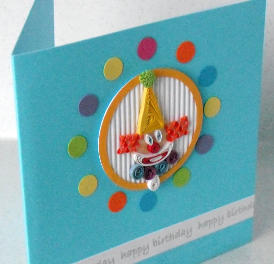 Handmade birthday card, quilled clown