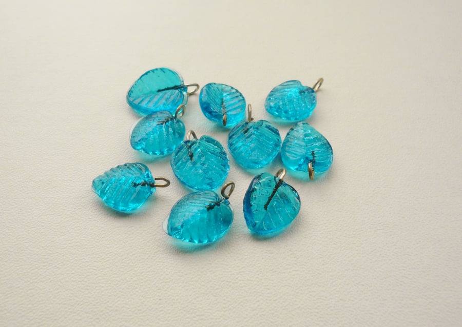 10  Aqua Blue Glass Leaf Beads