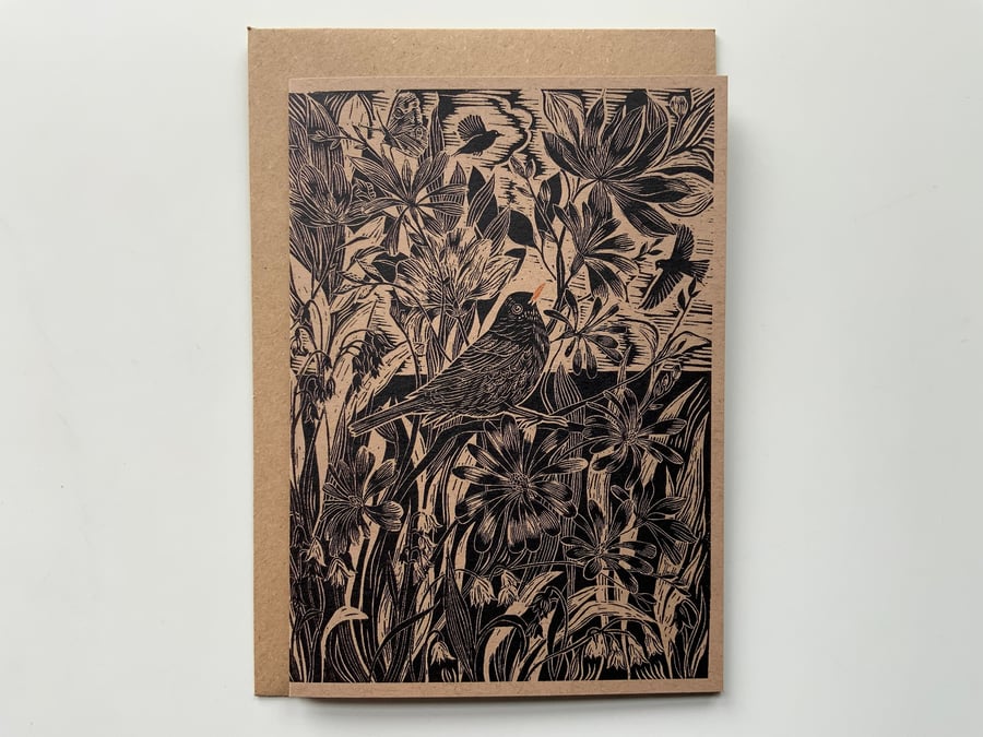 Linocut print card - Blackbird - Bird - Greeting Card - Birthday Card - Nature C