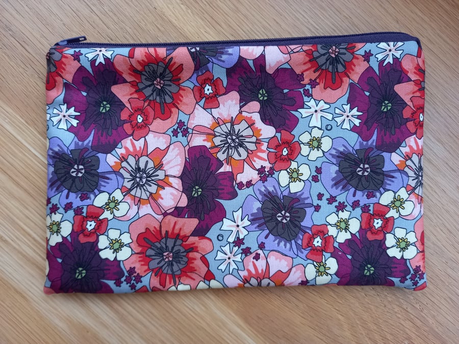 Purple and Coral Poppy Storage pouch - ideal gift  make up bag
