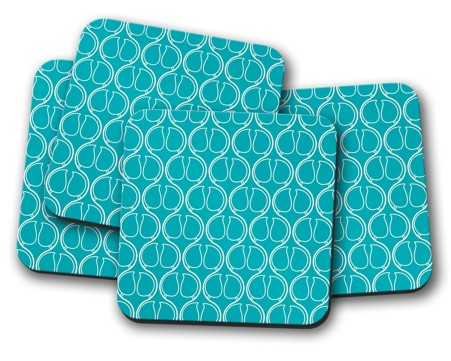 Set of 4 Turquoise with White Geometric Design Coasters