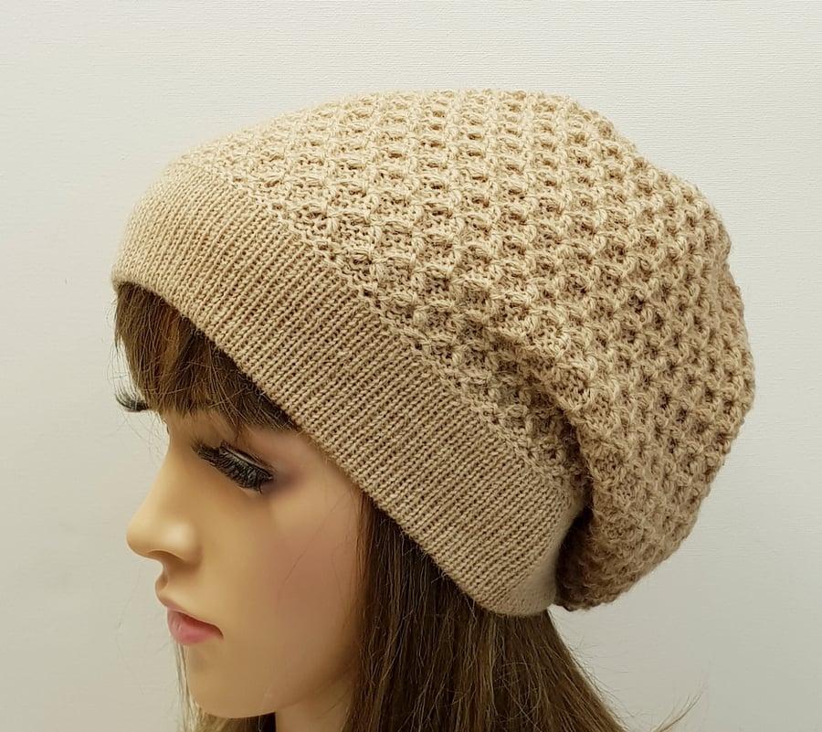 Pure alpaca beret, handmade knitted baggy beanie, slouchy hat