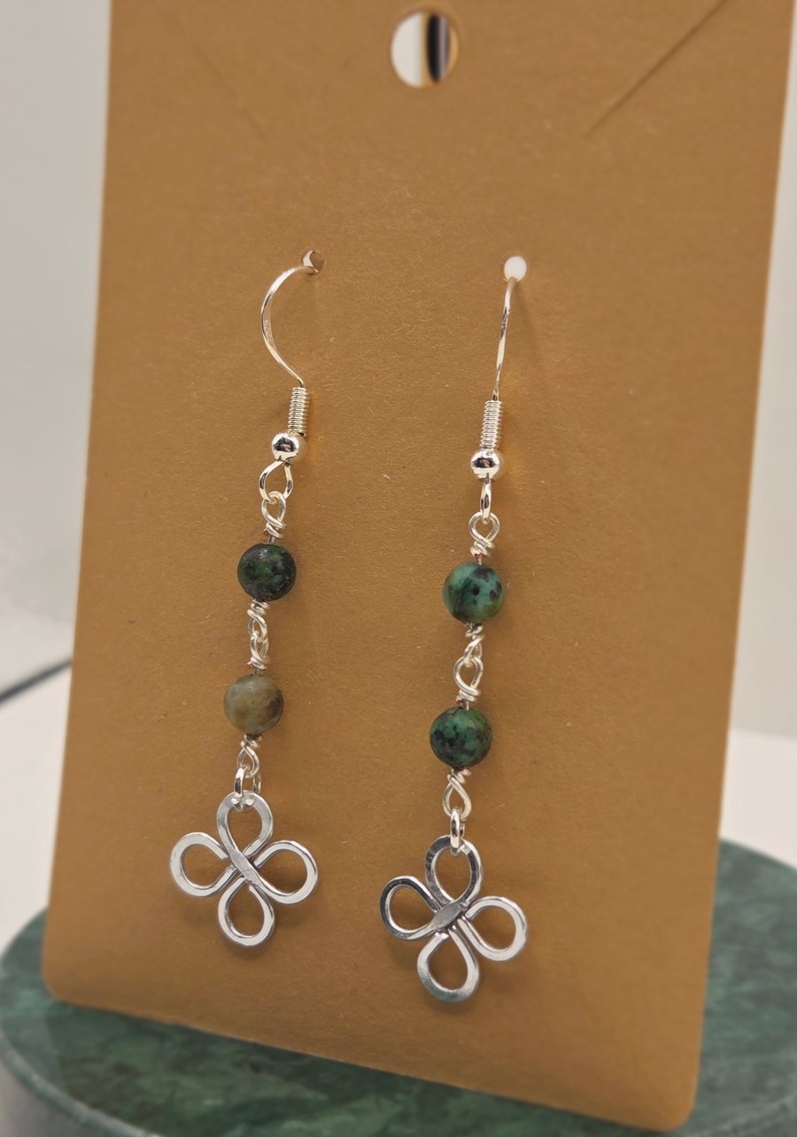 African Turquoise Beaded Dangle Earrings with Sterling Silver Hooks