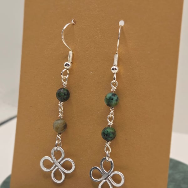 African Turquoise Beaded Dangle Earrings with Sterling Silver Hooks