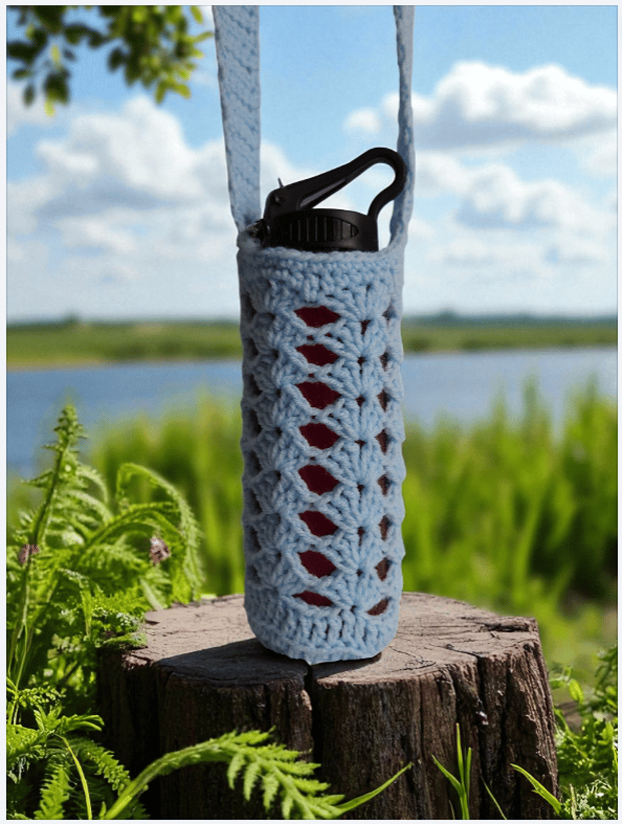 Hand Crochet Water Bottle Holder Crossbody Water Bottle Carrier - Light Blue