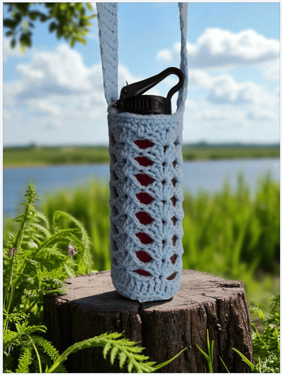 Hand Crochet Water Bottle Holder Crossbody Water Bottle Carrier - Light Blue