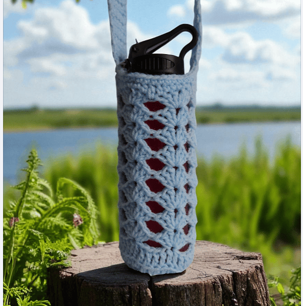 Hand Crochet Water Bottle Holder Crossbody Water Bottle Carrier - Light Blue