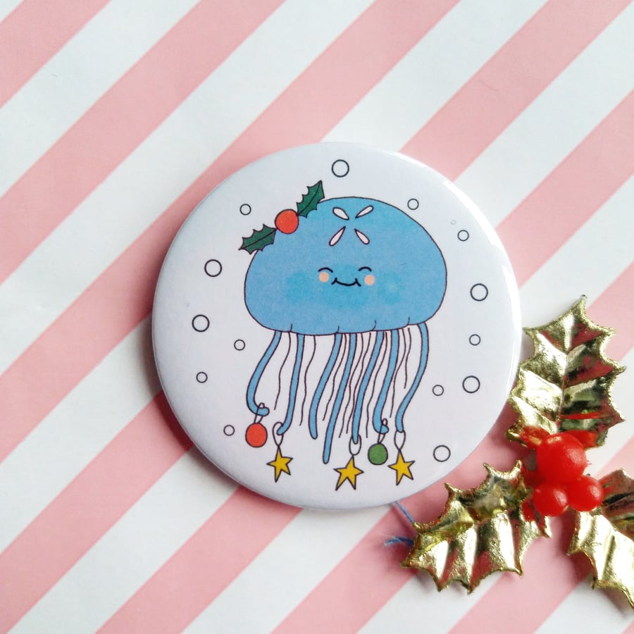 moon jellyfish badge (white) -  58mm handmade pin badge  - christmas badge