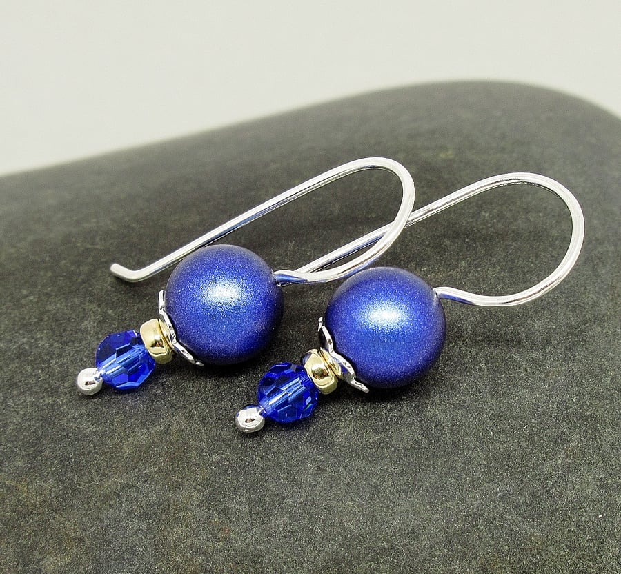 Sapphire Blue Sterling Silver Pearl Earrings