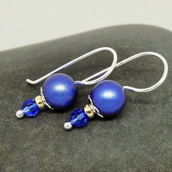 Sapphire Blue Sterling Silver Pearl Earrings