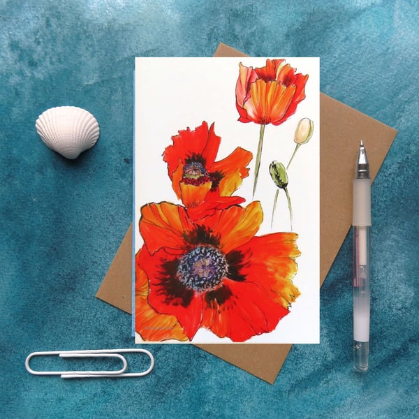 Poppies blank card reproduced from my original ink painting plastic free