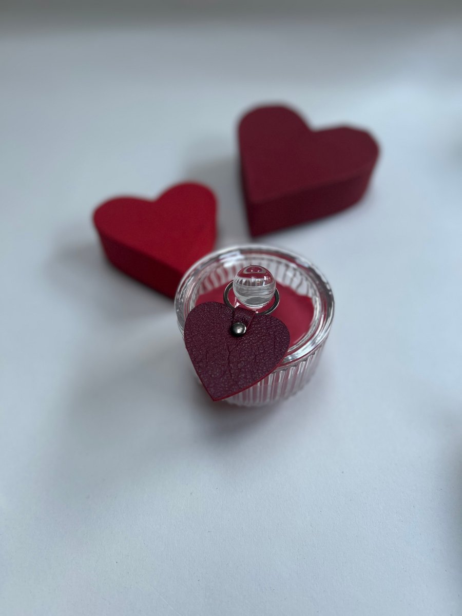 Red leather heart shaped keyring bag charm with gunmetal hardware