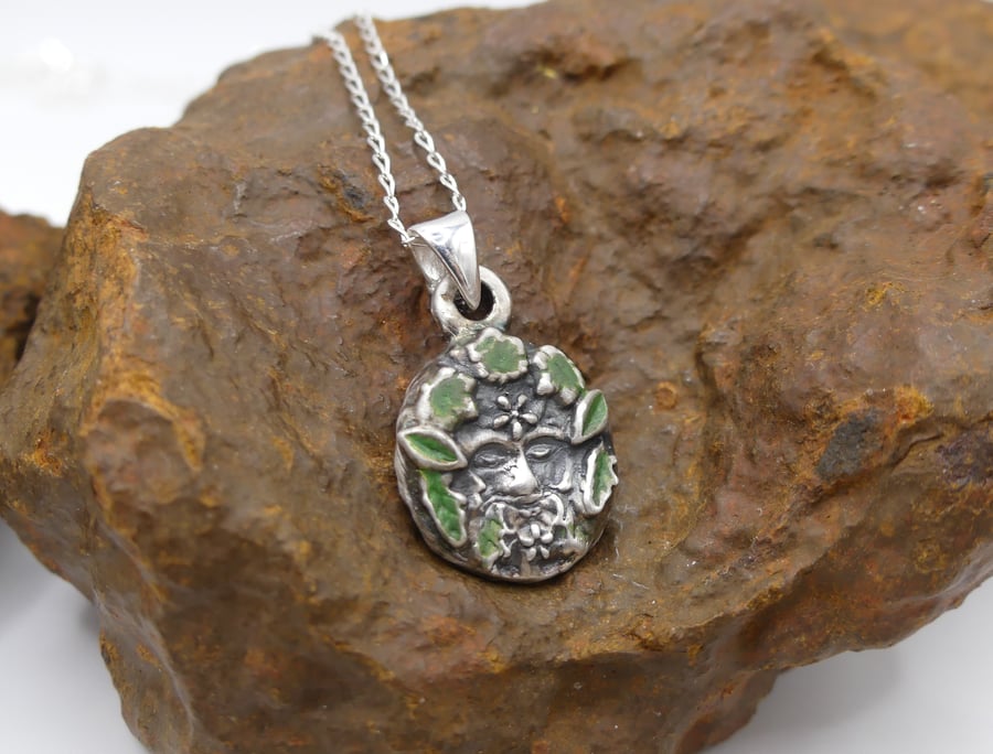 Recycled Sterling Silver Green Man Pendant Necklace.