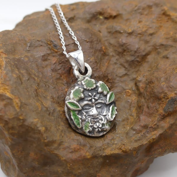Recycled Sterling Silver Green Man Pendant Necklace.