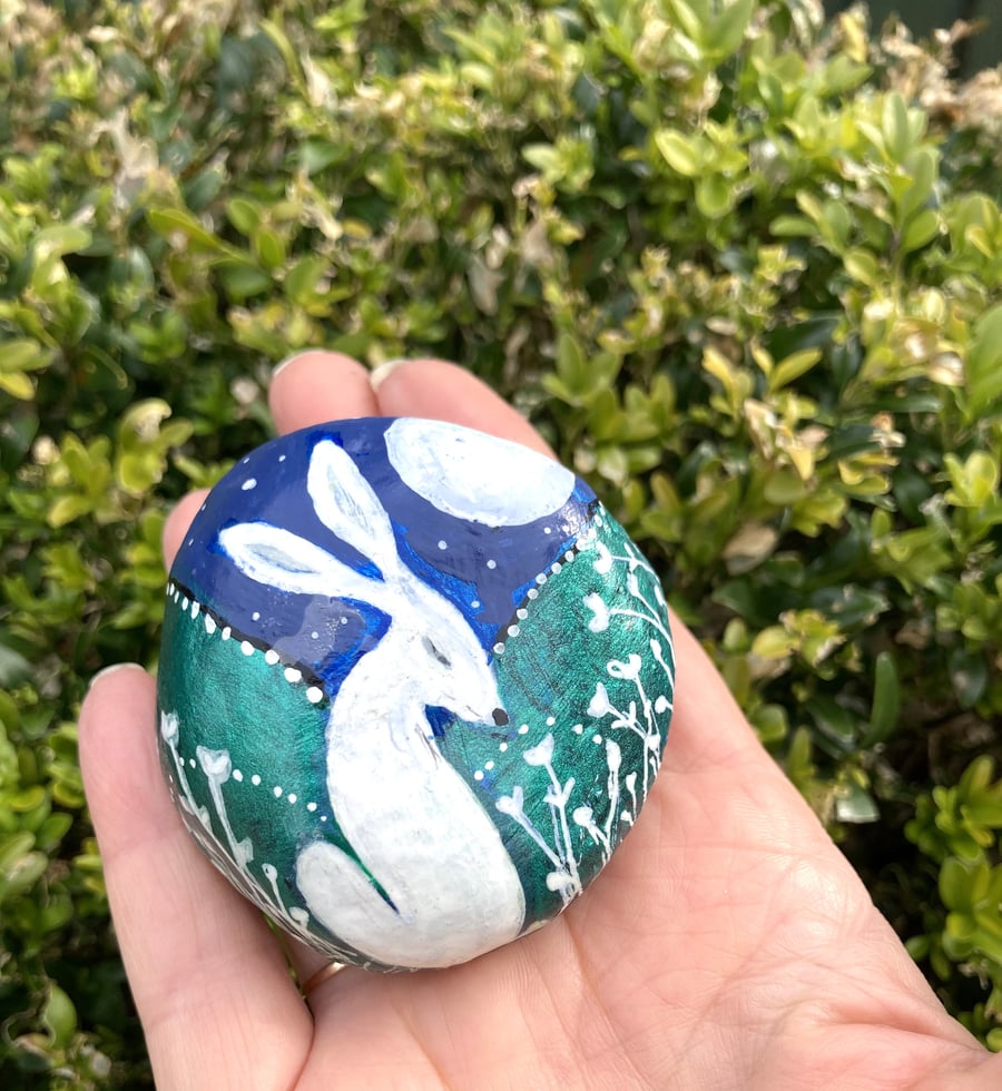 White Moon Gazing Hare Hand Painted Rock Stone 