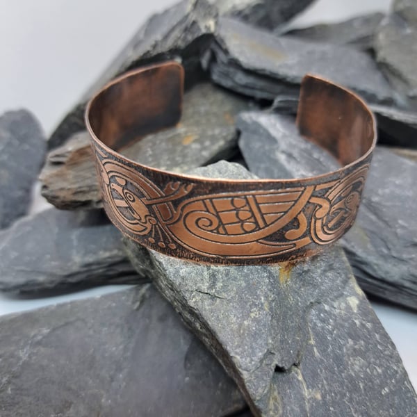 Celtic Copper Cuff Bracelet: Etched Stylized Celtic Bird Design