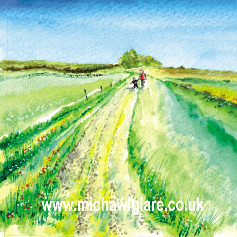 watercolour print of children on the southdowns sussex