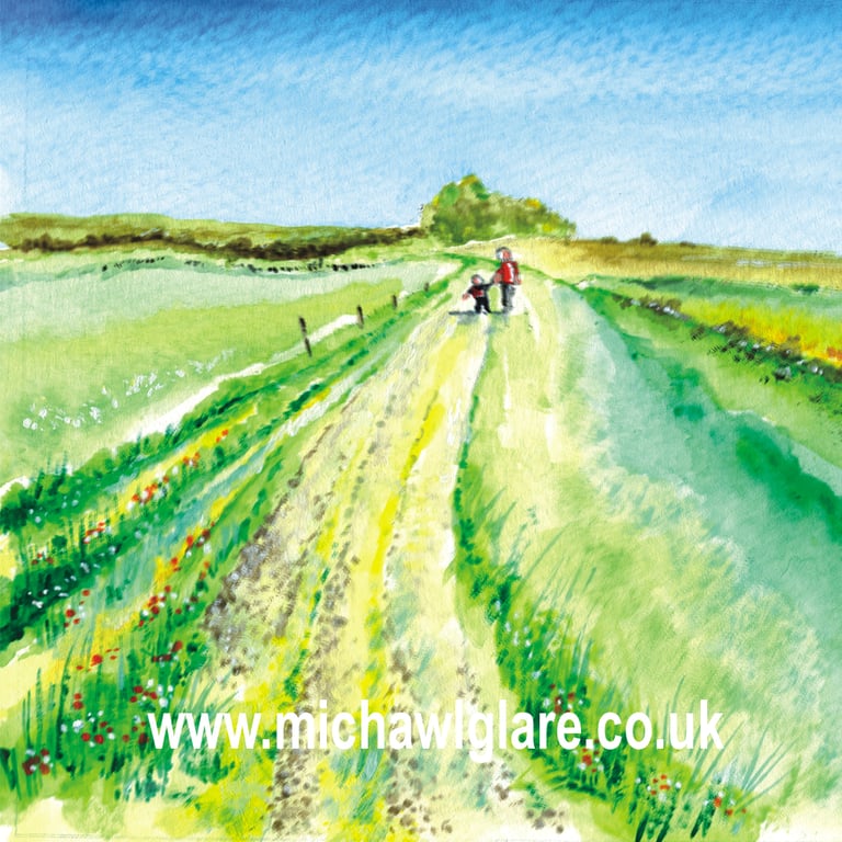 watercolour print of children on the southdowns sussex