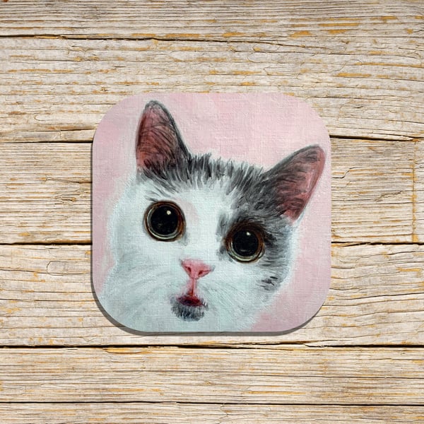 Animal Coaster, Cat Coaster, Kitten Coaster, Grey and White Cat, Animals, Cats