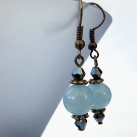 Blue jade and crystal earrings, vintage style blue earrings