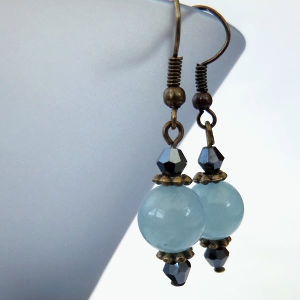 Blue jade and crystal earrings, vintage style blue earrings