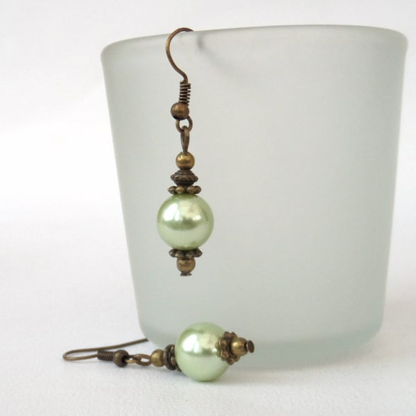 Green shell pearl and bronze earrings, vintage inspired