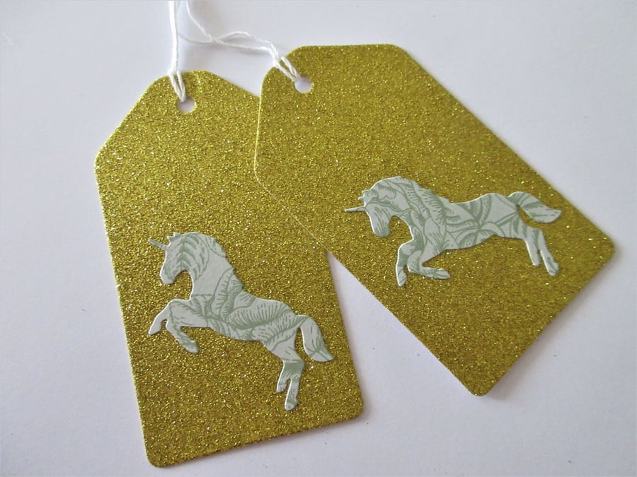 Unicorn Gift Tag x 2 Christmas Present Birthday Gift Label Gold Green
