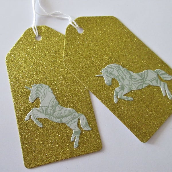 Unicorn Gift Tag x 2 Christmas Present Birthday Gift Label Gold Green